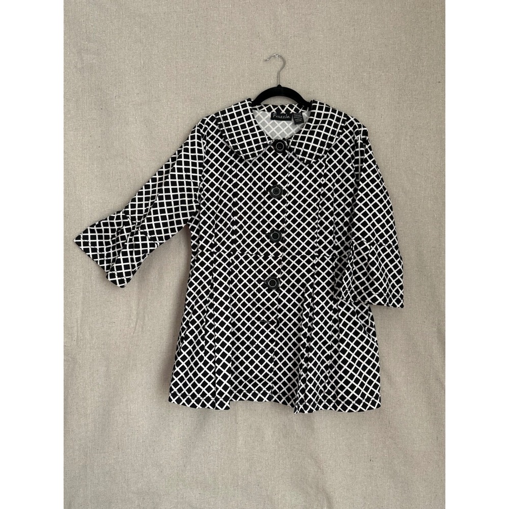 Frazzle Womens Black White Geometric Diamond Grid Cotton Button Front Jacket L